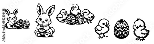 Easter bunnies baby chicks and decorated eggs set black and white line art
