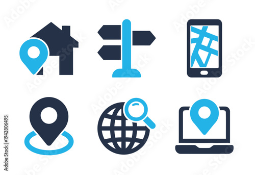 Location and map icons with navigation and search symbols on white background