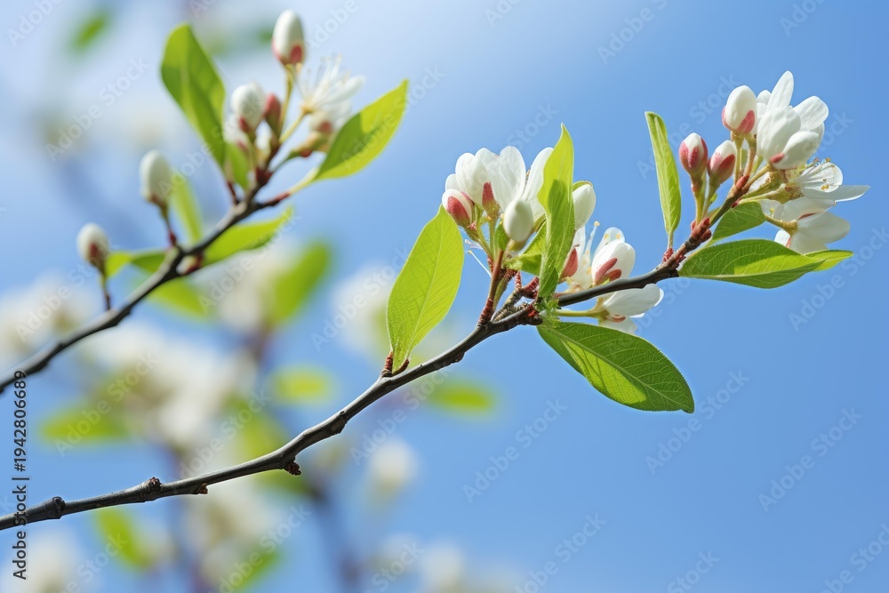Fototapeta premium Cherry blossom branch with white flowers and green leaves opening against a clear blue sky
