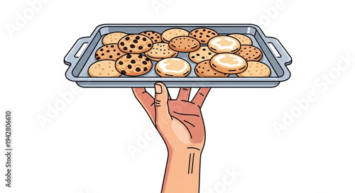 Hand holding tray of cookies.