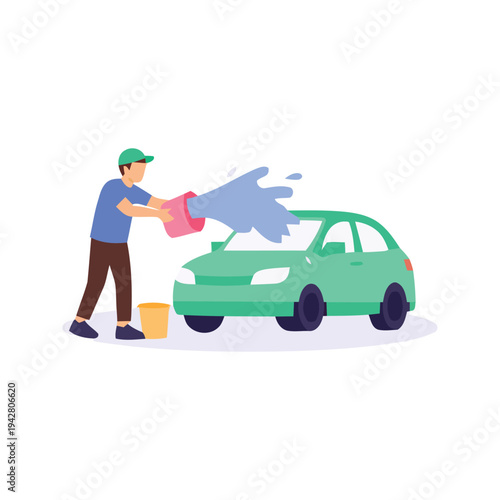 Male worker washing green car with water bucket at outdoor carwash station