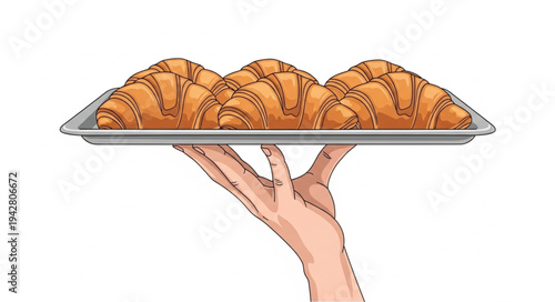 Hand holding tray of croissants.