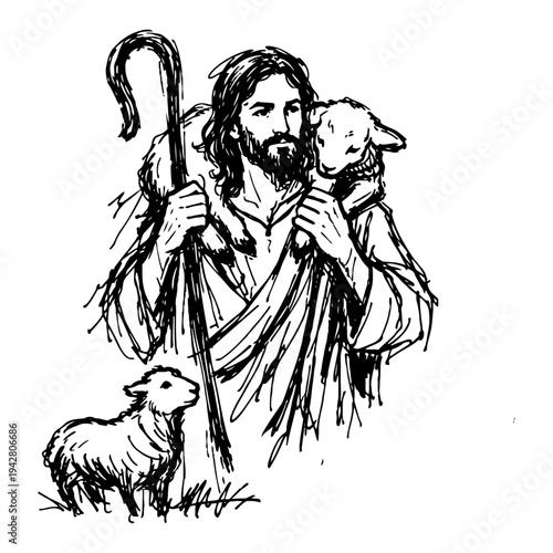 Jesus Christ as the Good Shepherd holding a staff and carrying a lamb on his shoulders in hand drawn sketch style