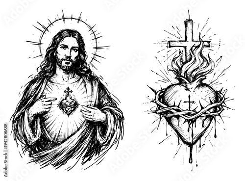 Sacred Heart of Jesus portrait and burning heart with crown of thorns in detailed ink sketch style