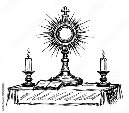 Monstrance for adoration on a church altar with candles and open bible in vintage ink sketch style