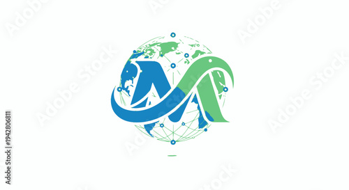 Abstract technology and science logo with interconnected network and DNA strand.