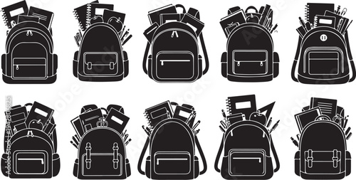 Collection of black backpacks with various school supplies inside