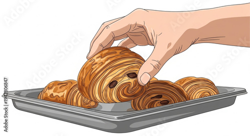 Hand holding croissant on baking tray.