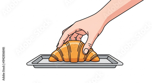 Hand holding croissant on baking tray.