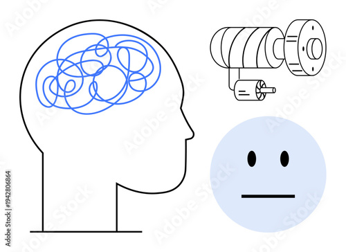 Mental health, emotions, surveillance, privacy concerns, psychological assessment, human behavior. A brain with tangled lines, a camera and a neutral face. Mental health and emotions ion