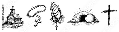 Collection of Christian religious symbols including church rosary and empty tomb black and white sketch
