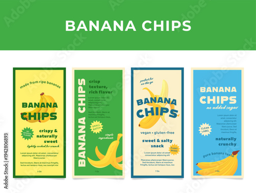 A set of four banana chip labels, featuring designs that highlight the snack s ingredients and features. The focus is on plant-based options.