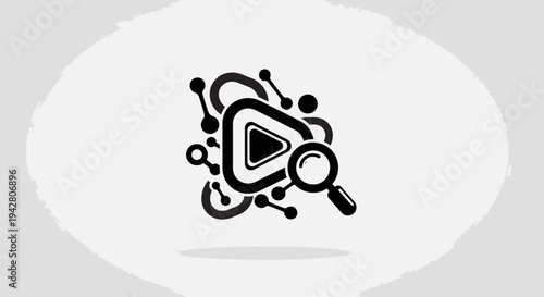 Magnifying glass focusing on digital play button symbolizing video search technology.