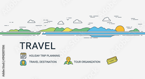 Illustration of travel planning with icons for holiday trip, destination, organization, and budget.