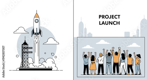 Illustration of a rocket launching and a group of people celebrating a successful project launch.