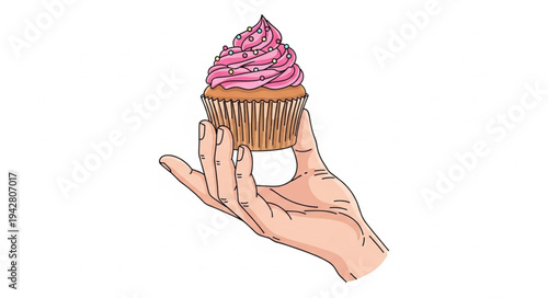 Hand Holding Cupcake with Pink Frosting.