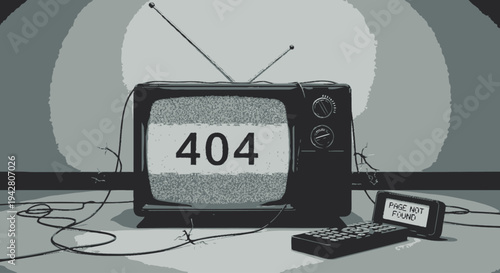 Vintage television displaying error 404 message with remote and smartphone on table.