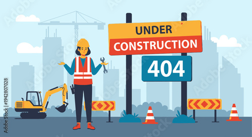 Construction worker standing at a site with under construction sign and heavy machinery.