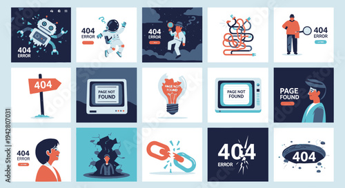 Creative collection of 404 error page illustrations and concepts for web design.