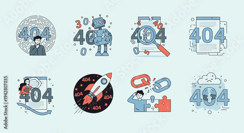 Creative illustrations of 404 error pages featuring robots and technology themes.