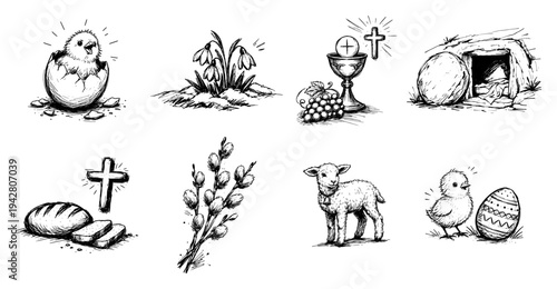 Easter and religious symbols set with lamb empty tomb and spring chick in hand drawn sketch style