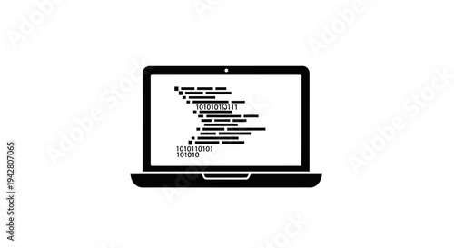 Laptop computer displaying programming code on screen in black and white.