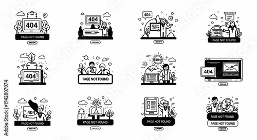 Set of twelve different 404 error page illustrations with people and technology.