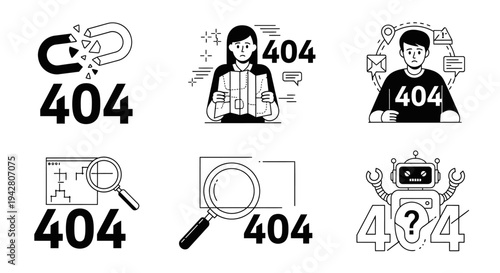 Set of creative 404 error page illustrations with technology and search icons.