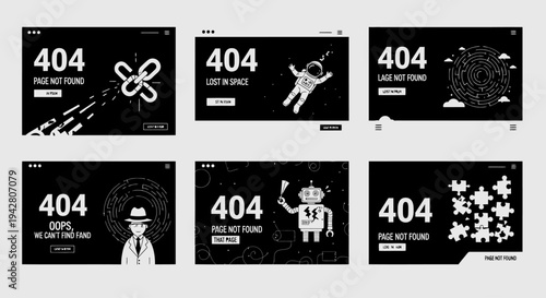 Creative 404 error page designs featuring various artistic and thematic illustrations.