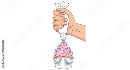 Hand holding decorated cupcake with icing.