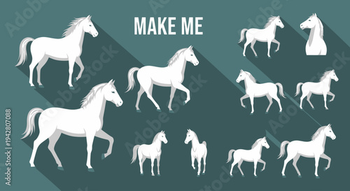 Collection of white horse silhouettes in various poses and sizes on teal background.