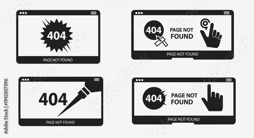 Set of four different 404 error page not found icons with hand cursor.