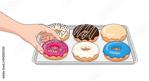 Hand holding donut on tray.