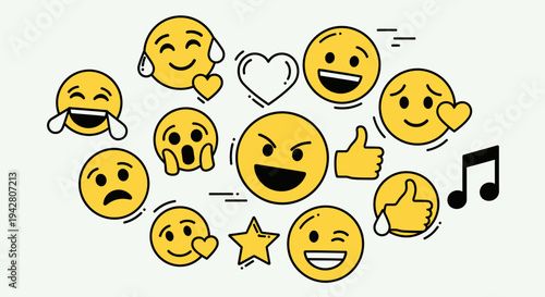 Collection of expressive yellow smiley emoticons with various emotions and symbols.