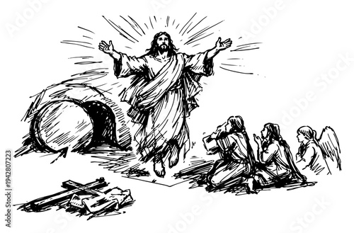 Resurrection of Jesus Christ rising from the empty tomb with people praying black and white sketch