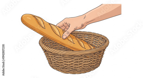 Hand holding fresh baguette in basket.