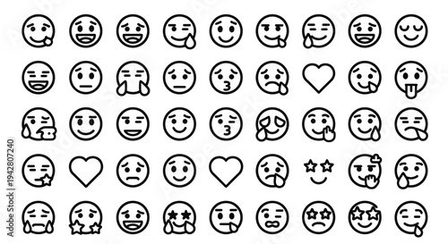 Set of various black and white emoji faces and heart icons in simple line art style.