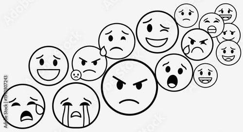 Collection of various black and white emoticons showing different facial expressions.