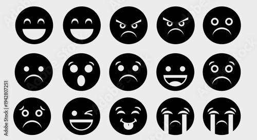Collection of various black and white emoticons expressing different emotions.