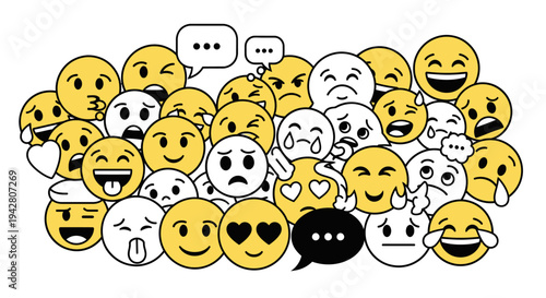 Collection of diverse yellow emoticons expressing various emotions and reactions.