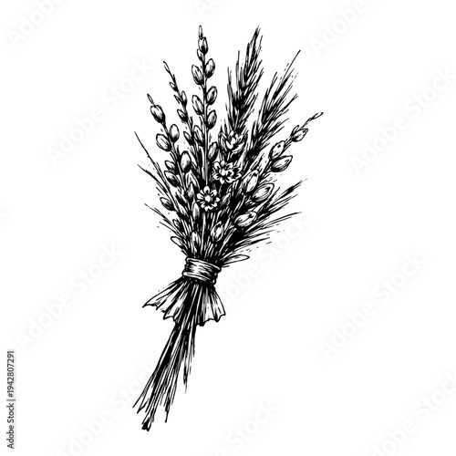 Traditional Easter palm bouquet with pussy willow and wheat black and white sketch