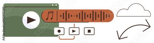 Digital media playback, audio streaming, cloud storage, online synchronization, music sharing, multimedia access. Audio waveform, video player cloud sync arrow. Digital media playback and cloud