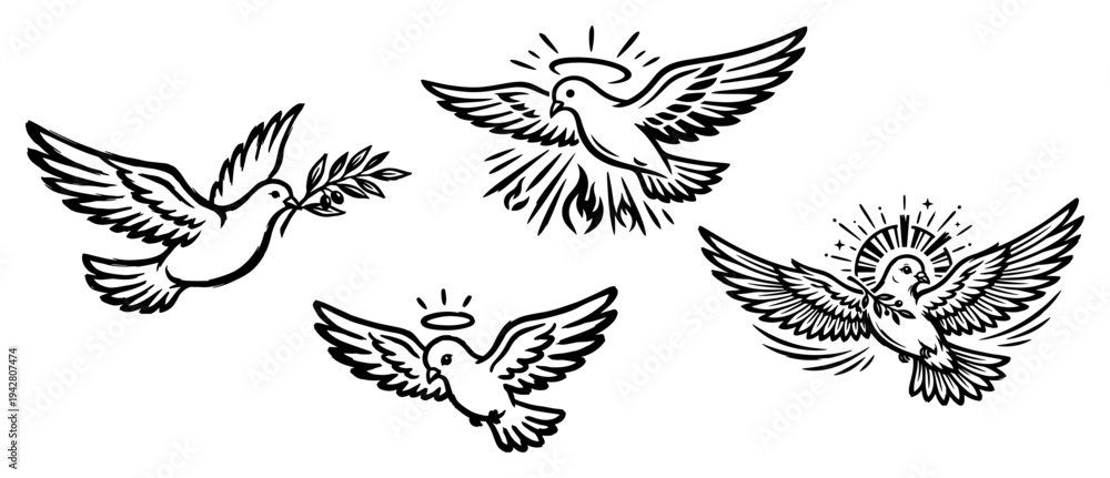 Fototapeta premium Holy Spirit dove set with olive branches and halos in black and white line art style