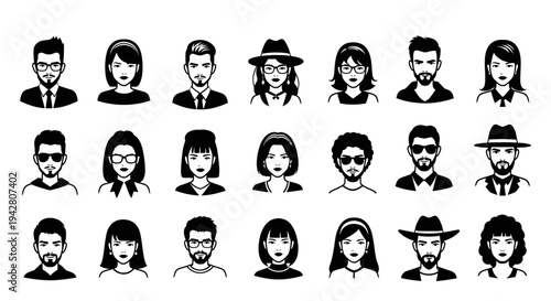 Set of diverse male and female avatars with various hairstyles and accessories.