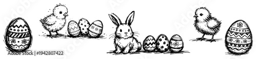 Easter bunny with cute chicks and decorated holiday eggs in hand drawn sketch style