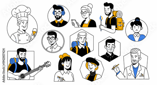 Collection of diverse people and professionals in simple line art style.