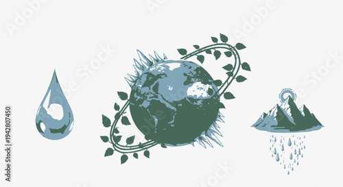 Illustration of Earth surrounded by vines with water drop and mountain symbols representing nature and environment.