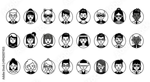 Set of diverse black and white avatar icons representing various people with different hairstyles and accessories.