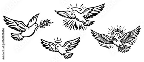 Holy Spirit dove set with olive branches and halos in black and white line art style
