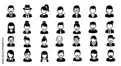 Set of diverse black and white user avatar icons representing various people.